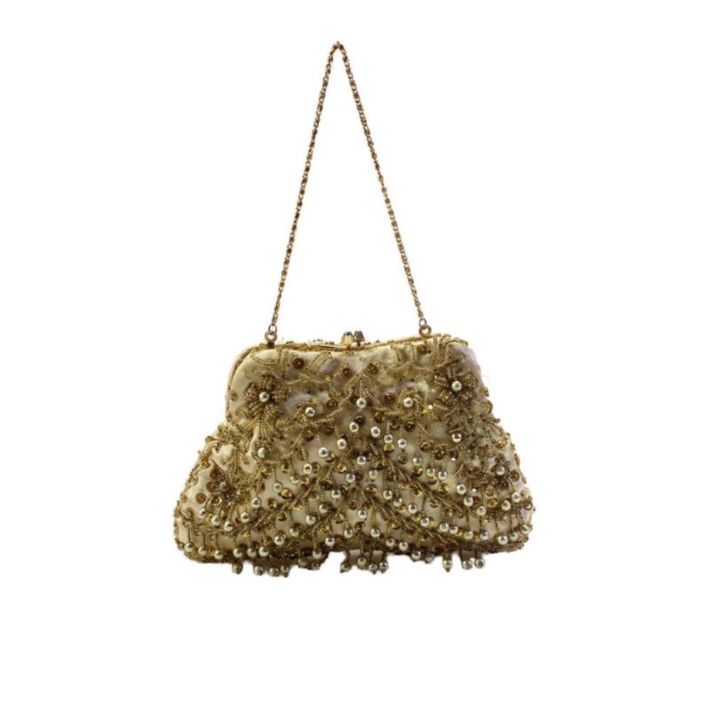 Designer Womens Kisslock Framed Beaded Sequin Satin Evening Pouch Handbag White